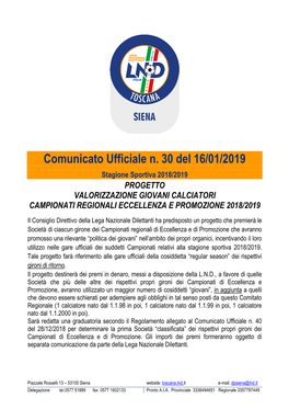 Comunicato Ufficiale N. 30 Del 16/01/2019