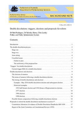 Double Dissolutions: Triggers, Elections and Proposals for Reform