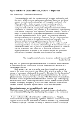 Rigour and Recoil: Claims of Reason, Failures of Expression Paul Standish (UCL Institute of Education) This Paper Begins with Th