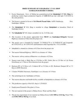 BRIEF SUMMARY of SAHAJBAHAL 'J' O.S. SHOP SAMBALPUR DISTRICT ODISHA • Excise Department, Govt. of Odisha Has Granted/Ren