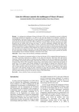 Liste De Référence Annotée Des Mollusques D'alsace (France) Annotated Checklist of the Continental Molluscs from Alsace (France)