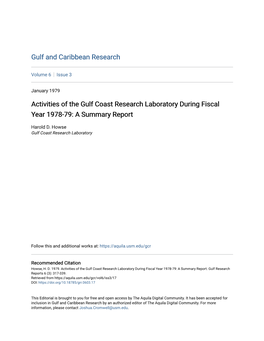 Activities of the Gulf Coast Research Laboratory During Fiscal Year 1978-79: a Summary Report