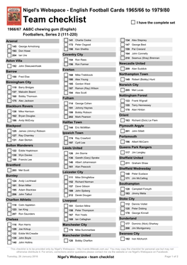 Team Checklist I Have the Complete Set 1966/67 A&BC Chewing Gum (English) Footballers, Series 2 (111-220)