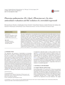 Pleurotus Pulmonarius (Fr.) Quel. (Pleurotaceae): in Vitro Antioxidant Evaluation and the Isolation of a Steroidal Isoprenoid