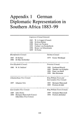 Appendix 1 German Diplomatic Representation in Southern Africa 1883-99