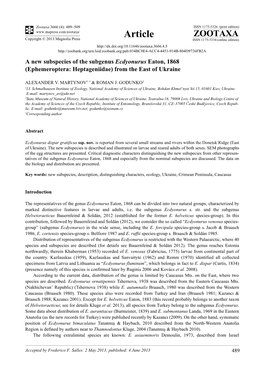 A New Subspecies of the Subgenus Ecdyonurus Eaton, 1868 (Ephemeroptera: Heptageniidae) from the East of Ukraine