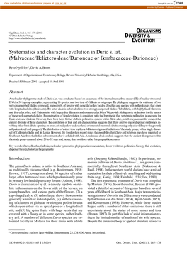 Systematics and Character Evolution in Durio S. Lat. (Malvaceae/Helicteroideae/Durioneae Or Bombacaceae-Durioneae)