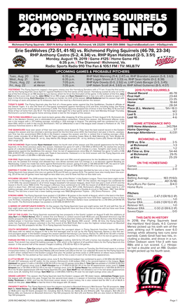 Vs. Richmond Flying Squirrels (46-78, 23-34) RHP Anthony Castro (5-2, 4.34) Vs