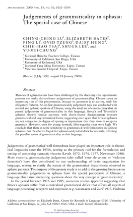 Judgements of Grammaticality in Aphasia: the Special Case of Chinese