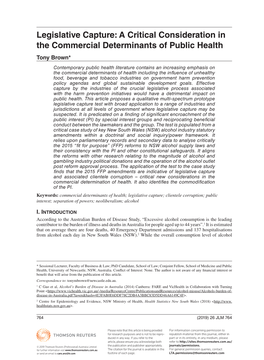 Legislative Capture: a Critical Consideration in the Commercial Determinants of Public Health Tony Brown*