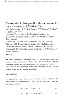 Photolysis of Nitrogen Dioxide and Ozone in the Atmosphere of Mexico City JC Ruiz Suarez