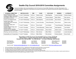 Seattle City Council 2018-2019 Committee Assignments