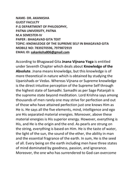 Jnana Vijnana Yoga Is Entitled Under Seventh Chapter Which Deals About Knowledge of the Absolute