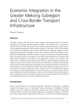 Economic Integration in the Greater Mekong Subregion and Cross-Border Transport Infrastructure