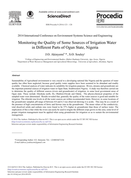 Monitoring the Quality of Some Sources of Irrigation Water in Different Parts of Ogun State, Nigeria