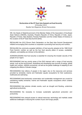 FINAL Declaration of the 8Th East Asia Summit on Food Security 10