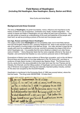 Field Names of Headington (Including Old Headington, New Headington, Quarry, Barton and Wick)