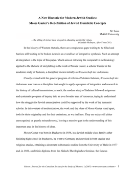 A New Rhetoric for Modern Jewish Studies: Moses Gaster's Redefinition of Jewish Homiletic Concepts