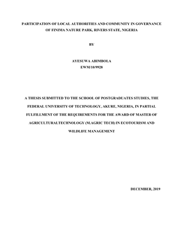 Participation of Local Authorities and Community in Governance of Finima Nature Park, Rivers State, Nigeria