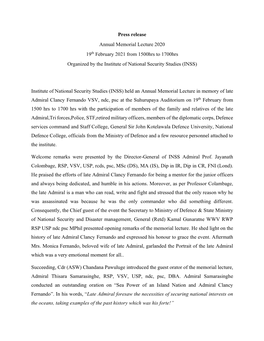 Press Release Annual Memorial Lecture 2020 19Th February 2021 from 1500Hrs to 1700Hrs Organized by the Institute of National Security Studies (INSS)