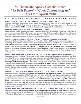 “La Belle France” – “Choir Concert Program” April 1St to April 8, 2018