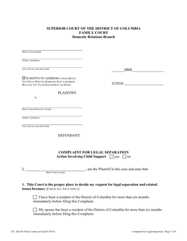 COMPLAINT for LEGAL SEPARATION Action Involving Child Support  Yes  No