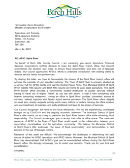 Birch Hills County Letter to Minister of Agriculture RE