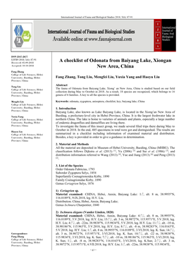 A Checklist of Odonata from Baiyang Lake, Xiongan New Area, China