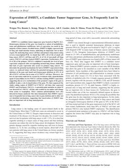 Expression of DMBT1, a Candidate Tumor Suppressor Gene, Is Frequently Lost in Lung Cancer1