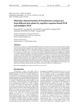 Molecular Characterization of Pseudomonas Syringae Pvs. from Different Host Plants by Repetitive Sequence-Based PCR and Multiplex-PCR