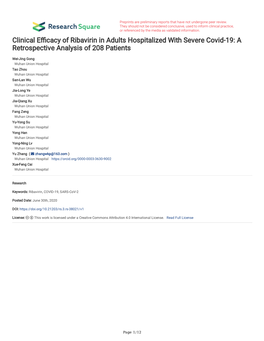 Clinical E Cacy of Ribavirin in Adults Hospitalized with Severe Covid-19