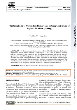 Research Article Contributions to Coreoidea (Hemiptera: Heteroptera) Fauna of Kayseri Province (Turkey)