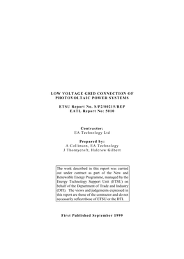 Low Voltage Grid Connection of Photovoltaic Power Systems