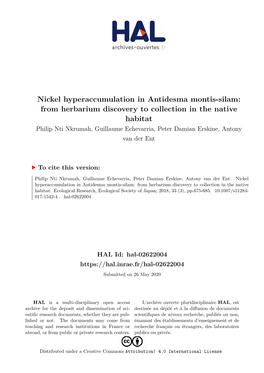 Nickel Hyperaccumulation in Antidesma Montis-Silam