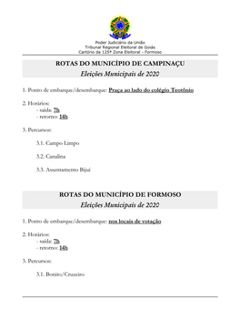 ROTAS DO MUNICÍPIO DE CAMPINAÇU Eleições Municipais De 2020