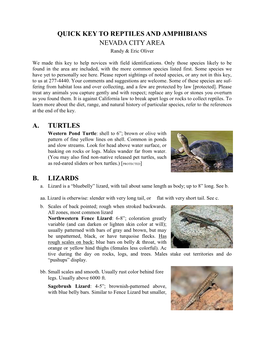 QUICK KEY to REPTILES and AMPHIBIANS NEVADA CITY AREA Randy & Eric Oliver