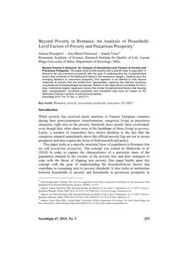 Beyond Poverty in Romania: an Analysis of Household- Level Factors of Poverty and Precarious Prosperity1