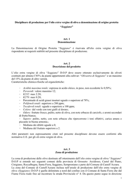 Disciplinare Di Produzione Per L'olio Extra Vergine Di Oliva A