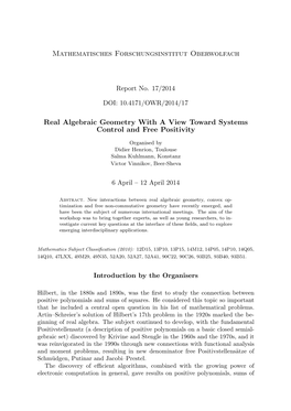 Mathematisches Forschungsinstitut Oberwolfach Real Algebraic Geometry with a View Toward Systems Control and Free Positivity