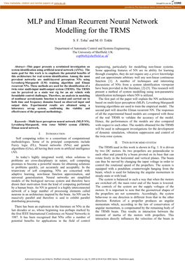 MLP and Elman Recurrent Neural Network Modelling for the TRMS