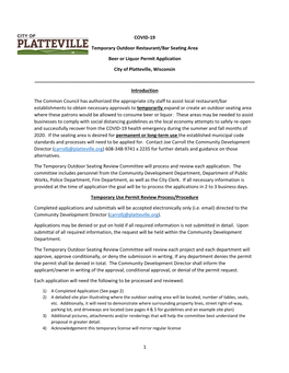 1 COVID-19 Temporary Outdoor Restaurant/Bar Seating Area Beer Or Liquor Permit Application City of Platteville, Wisconsin