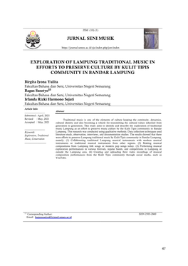 Jurnal Seni Musik Exploration of Lampung Traditional Music in Efforts to Preserve Culture by Kulit Tipis Community in Bandar