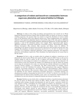 A Comparison of Rodent and Insectivore Communities Between Sugarcane Plantation and Natural Habitat in Ethiopia