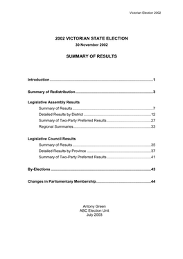 2002 VICTORIAN STATE ELECTION 30 November 2002