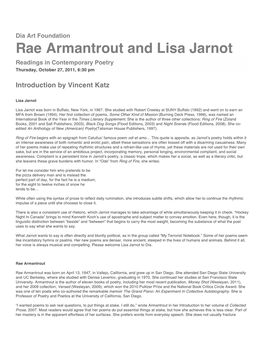 Rae Armantrout and Lisa Jarnot Readings in Contemporary Poetry Thursday, October 27, 2011, 6:30 Pm