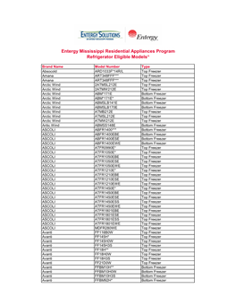 Entergy Mississippi Residential Appliances Program Refrigerator Eligible Models^