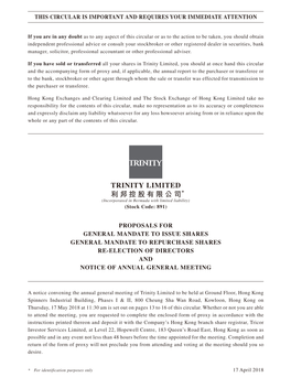 TRINITY LIMITED 利邦控股有限公司* (Incorporated in Bermuda with Limited Liability) (Stock Code: 891)