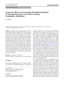 Group Size Effects on Survivorship and Adult Development in the Gregarious Larvae of Euselasia Chrysippe (Lepidoptera, Riodinidae)