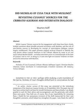 Did Nicholas of Cusa Talk with Muslims? Revisiting Cusanus’ Sources for the Cribratio Alkorani and Interfaith Dialogue *