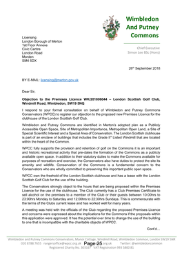 Wimbledon and Putney Commons Conservators (WPCC) to Register Our Objection to the Proposed New Premises Licence for the Clubhouse of the London Scottish Golf Club